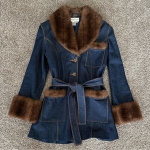 VINTAGE Newport News Belted Denim Jacket with Faux Fur Trim